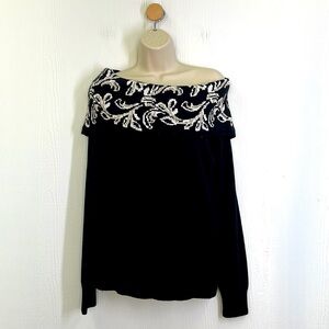 White House Black Market - Off The Shoulder Jacquard Black & White Sweater Med